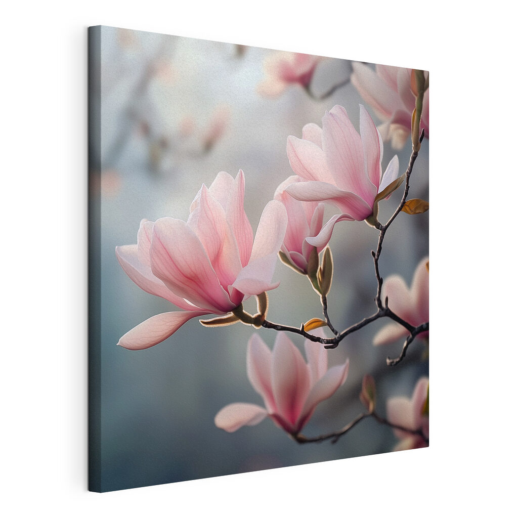 Magnolie in controluce rosa, tela tesa e bordo avvolto