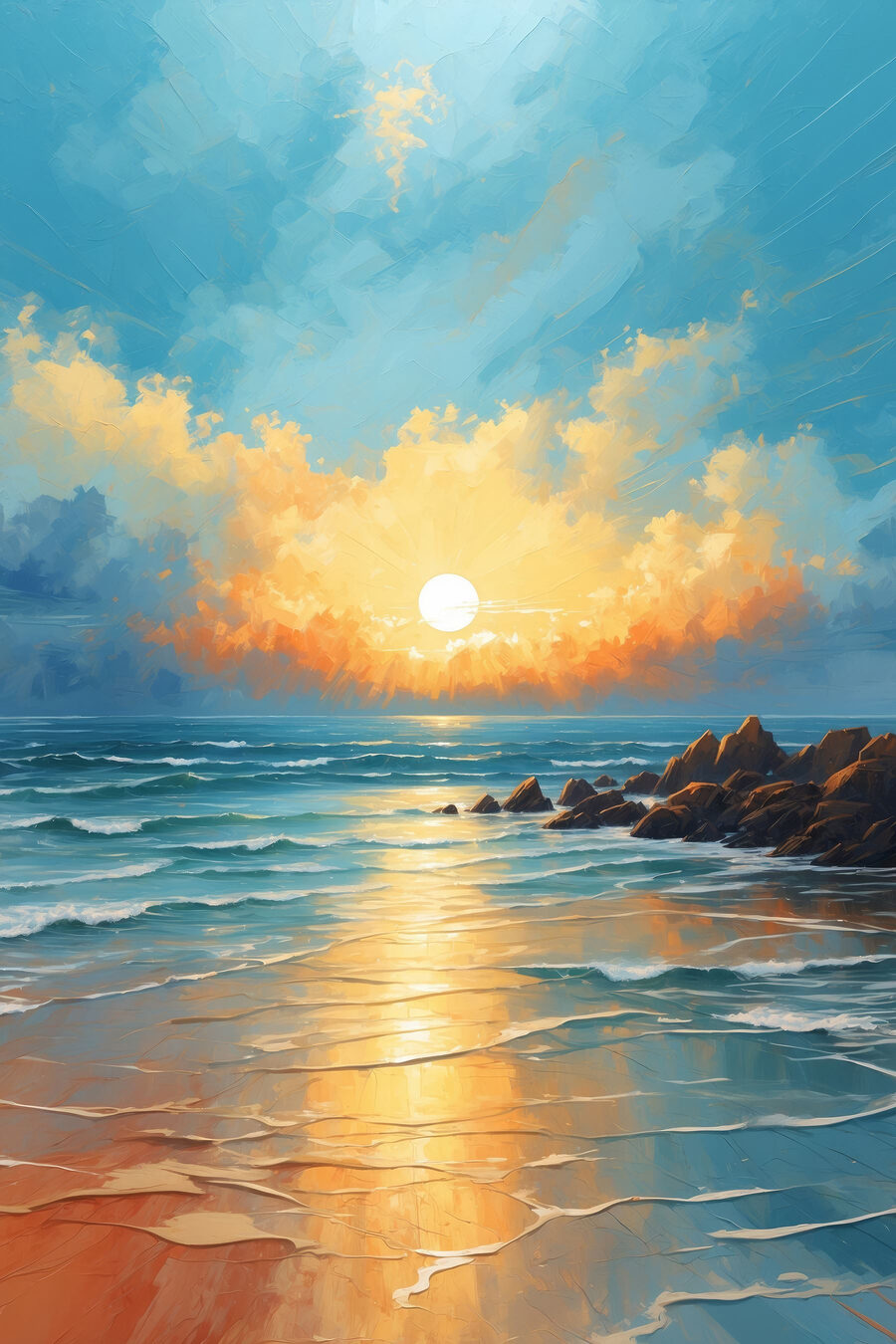 Tramonto sulla battigia turchese — design completo