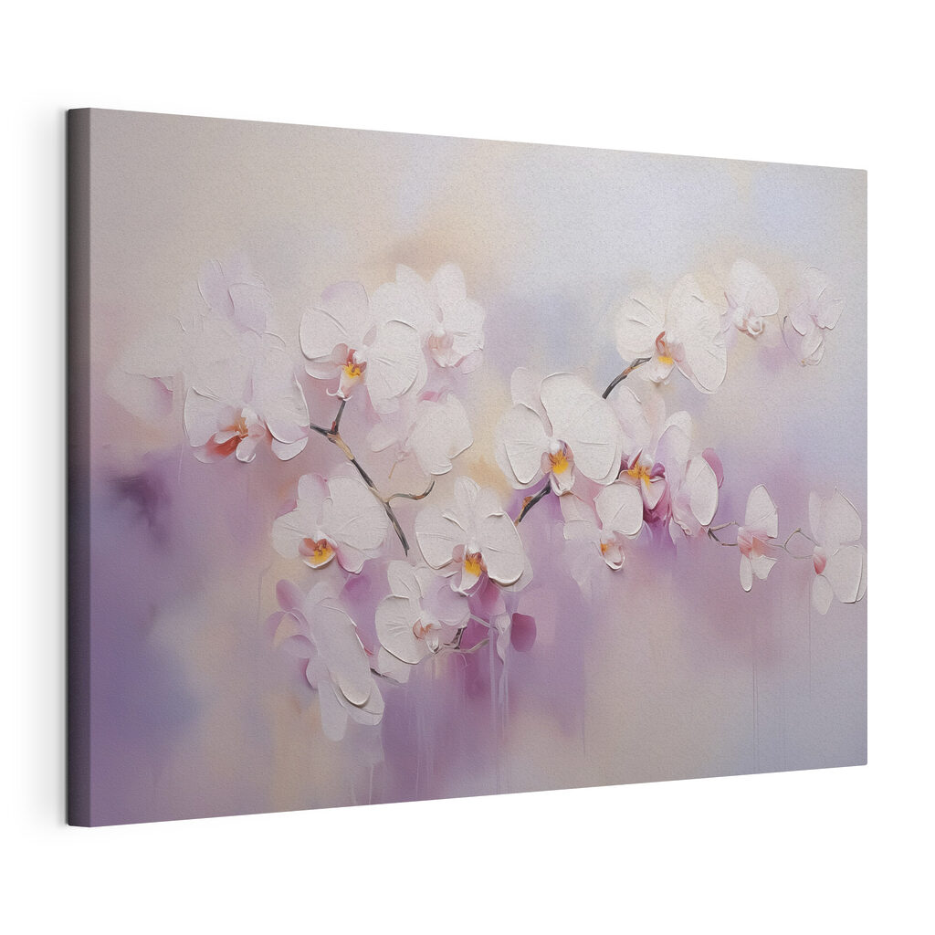 Orchidee in toni lilla, tela tesa e bordo avvolto