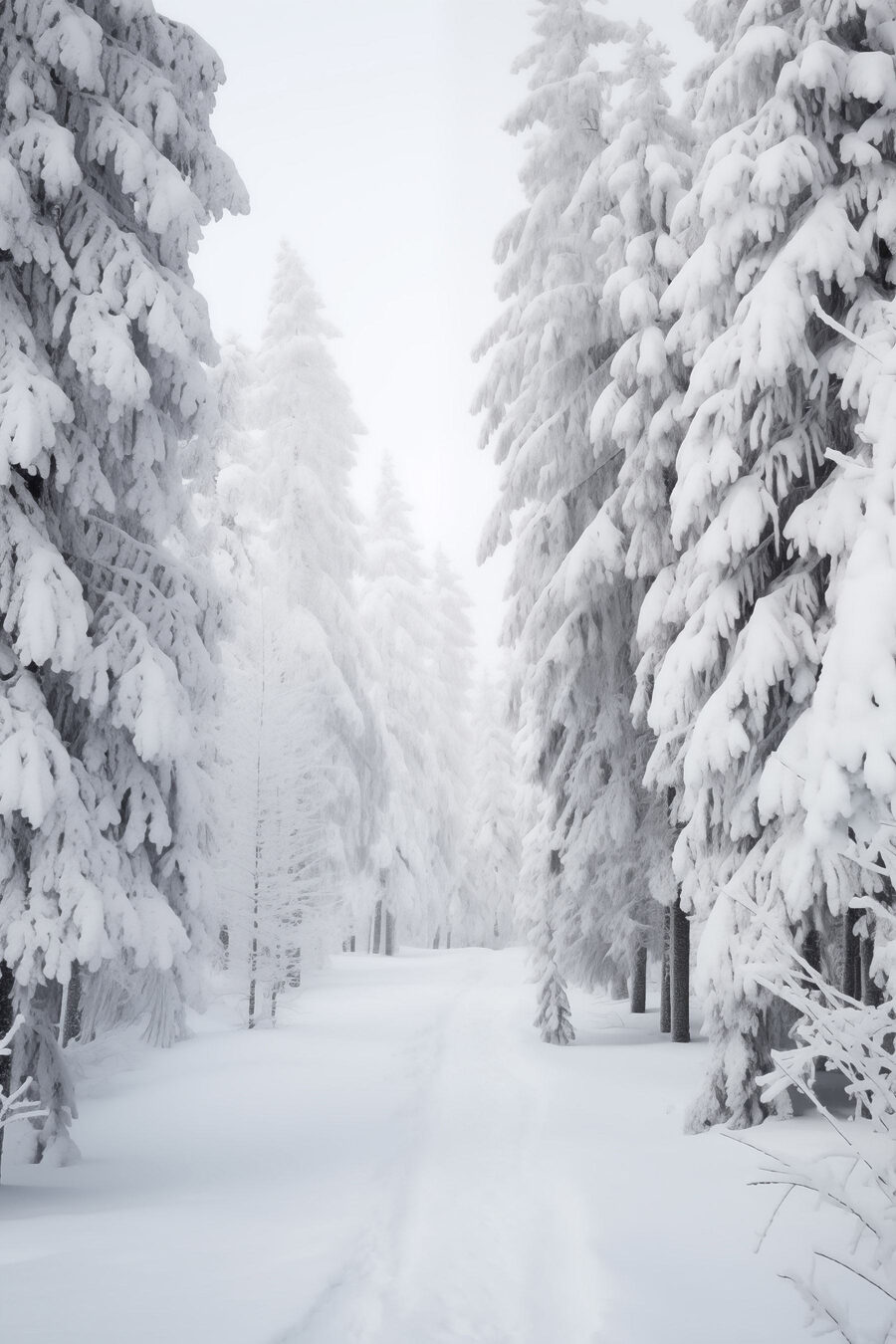 Sentiero innevato tra pini — design completo