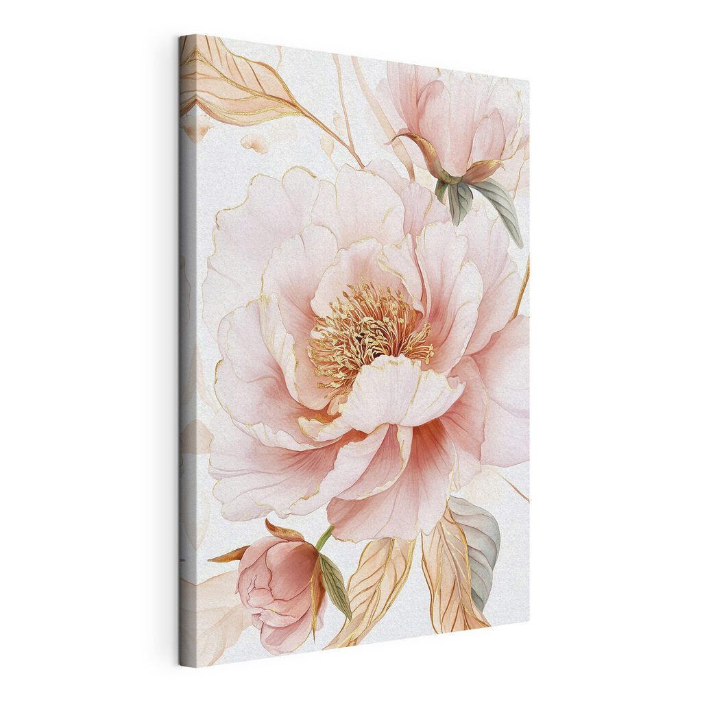 Peonia rosa e dorata, tela tesa e bordo avvolto