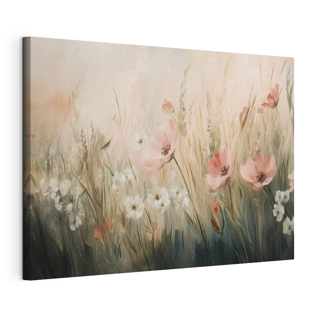 Fiori rosa alla sera, tela tesa e bordo avvolto