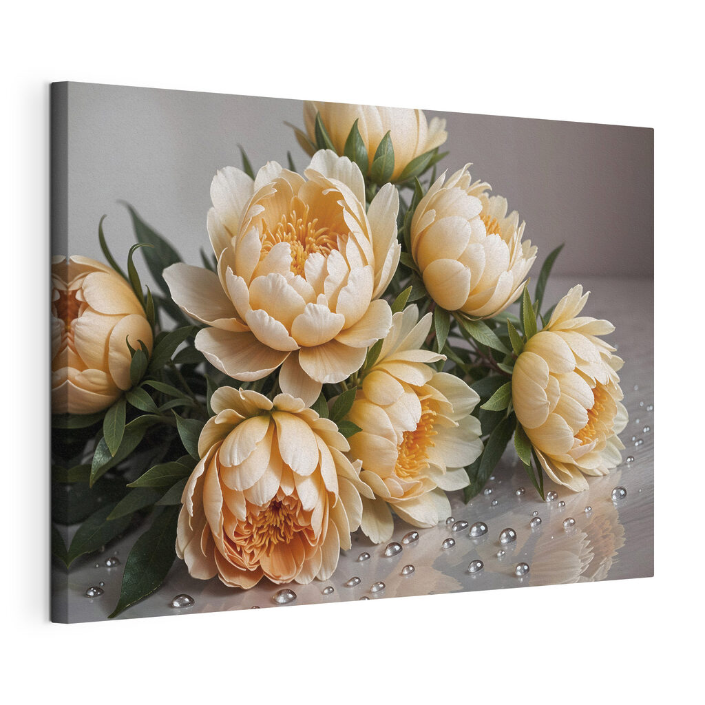 Peonie crema su specchio, tela tesa e bordo avvolto