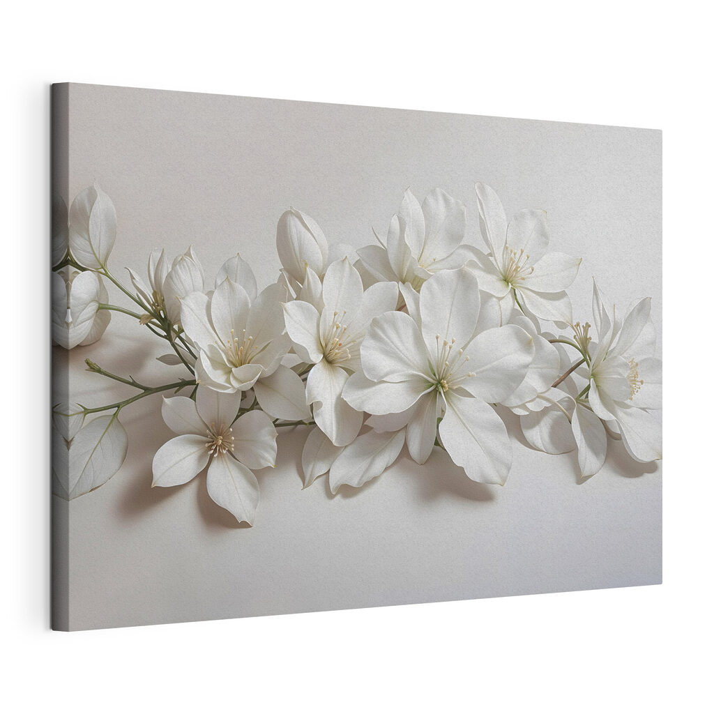 Ramo di fiori bianchi, tela tesa e bordo avvolto
