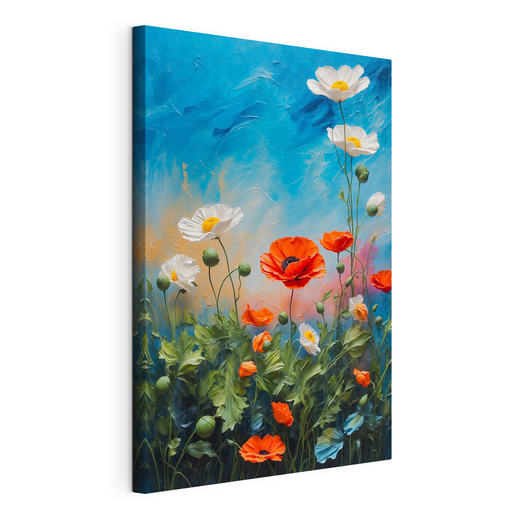 Fiori selvatici sul blu, tela tesa e bordo avvolto