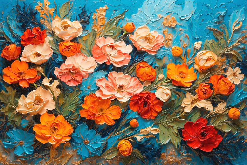 Fiori tra pennellate turchesi — design completo