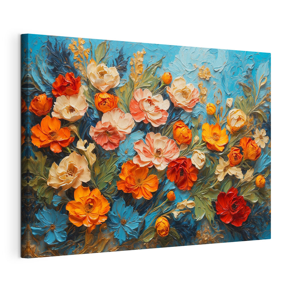 Fiori tra pennellate turchesi, tela tesa e bordo avvolto