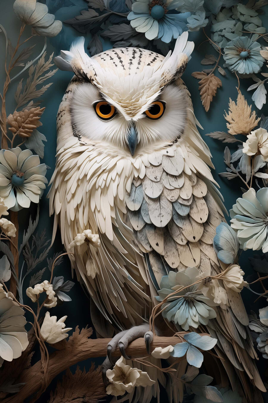 Gufo bianco tra fiori — design completo