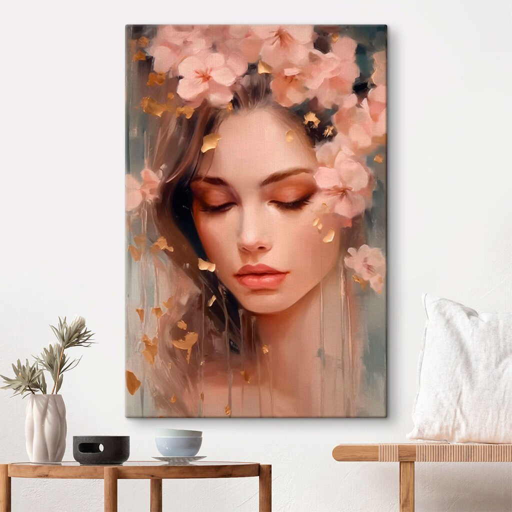 Donna assopita tra fiori in un ambiente