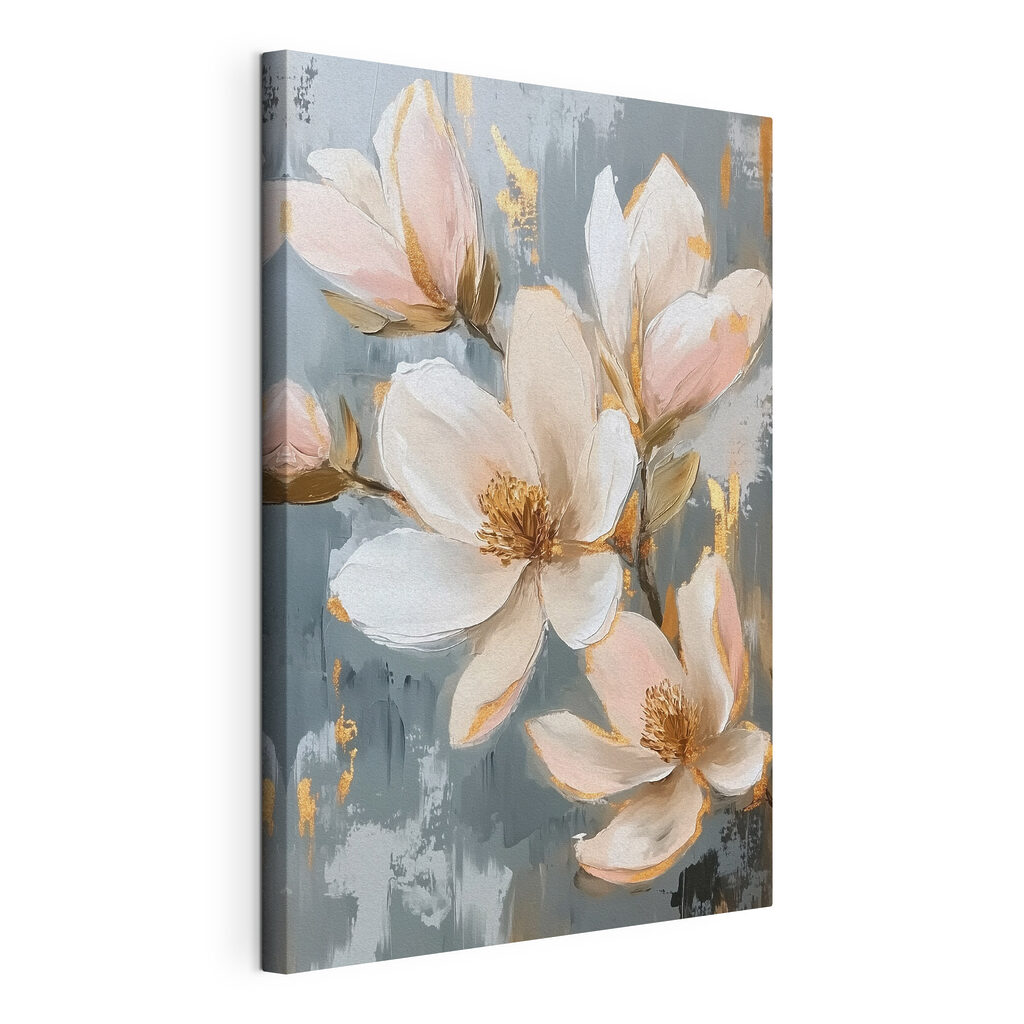 Magnolia su blu-grigio, tela tesa e bordo avvolto