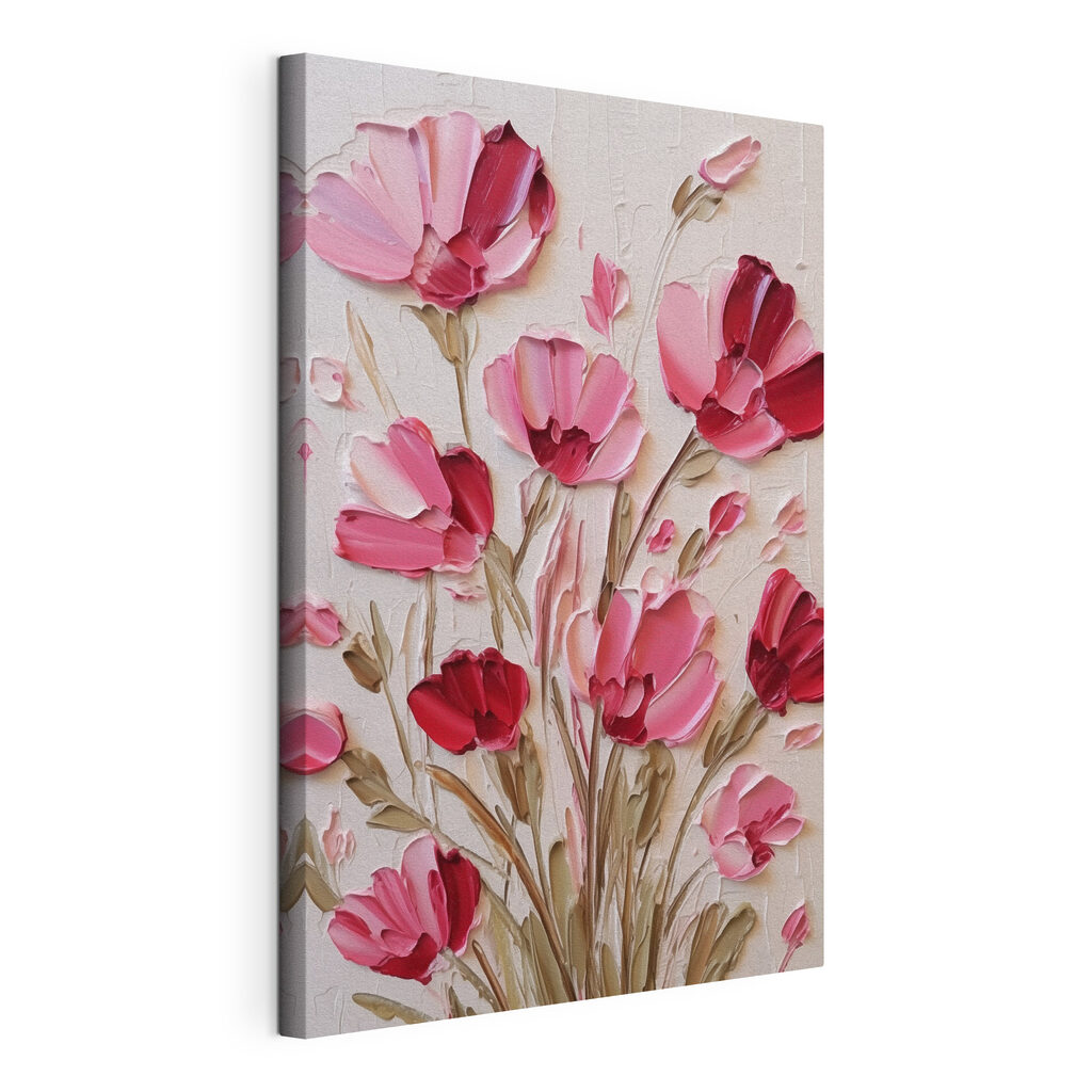Papaveri rosa su steli, tela tesa e bordo avvolto
