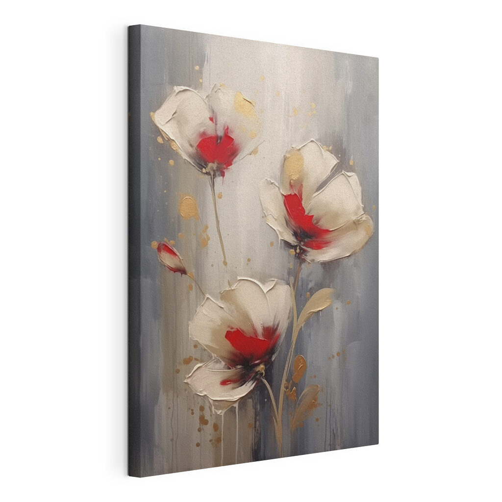 Fiori crema con rosso, tela tesa e bordo avvolto