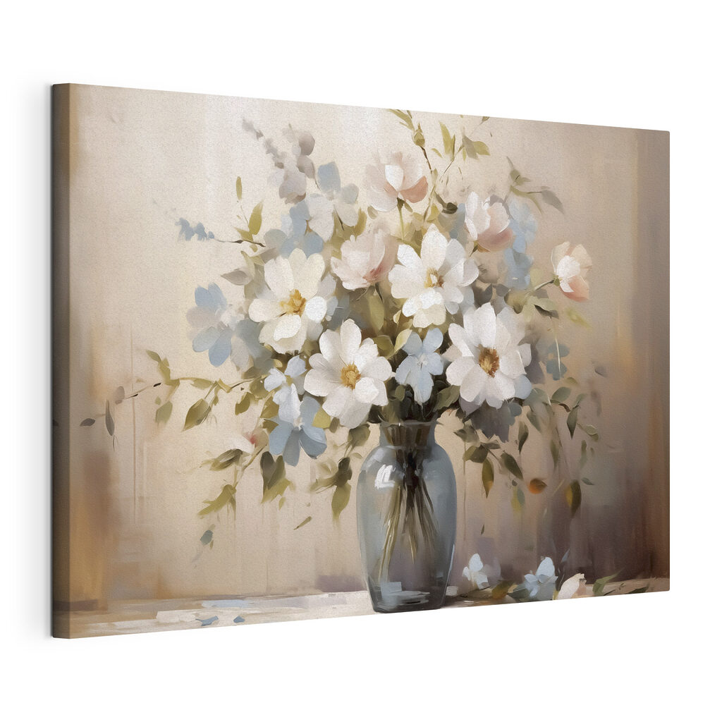 Fiori bianchi in vaso, tela tesa e bordo avvolto