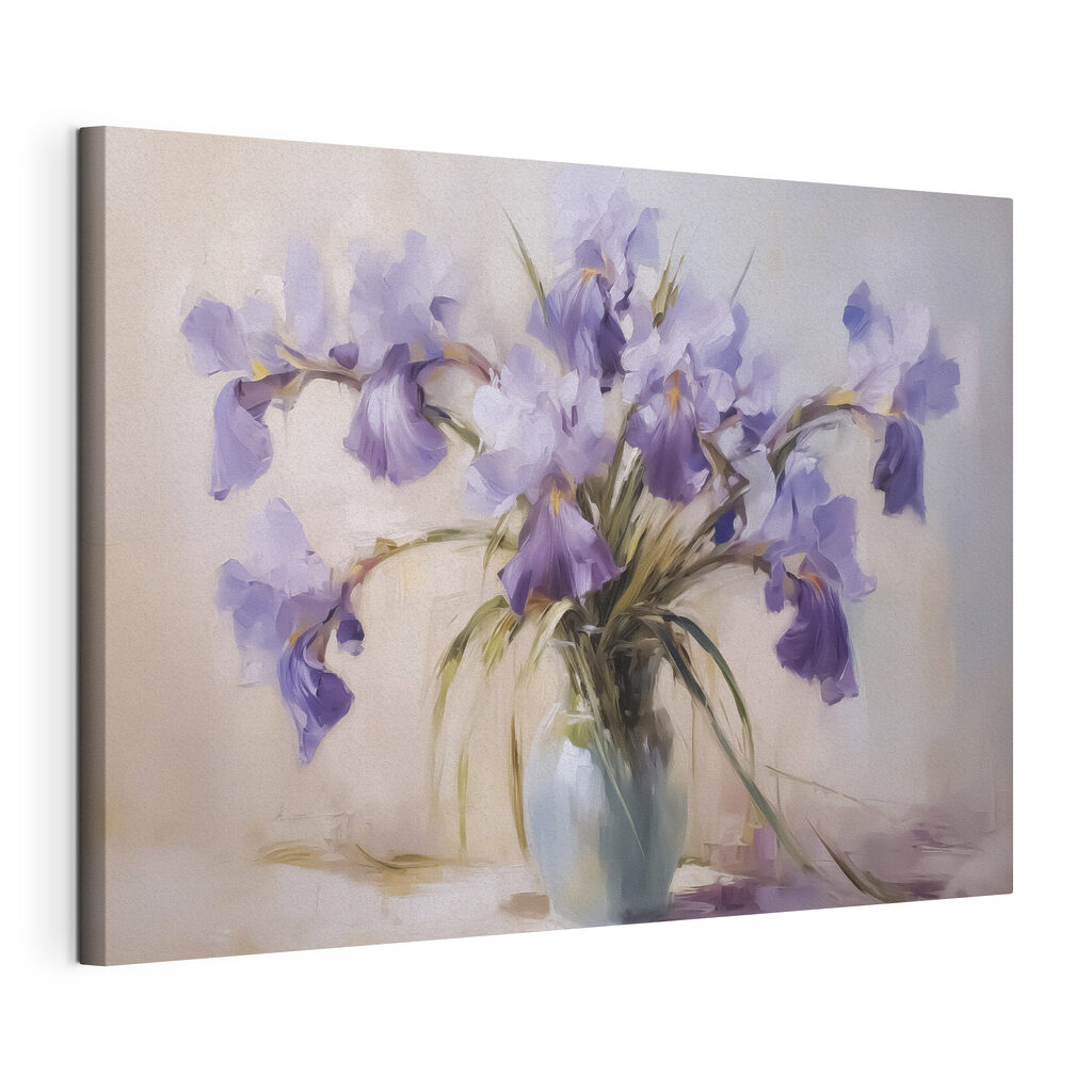 Iris viola in vetro, tela tesa e bordo avvolto