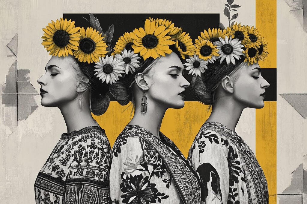 Tre profili con girasoli — design completo