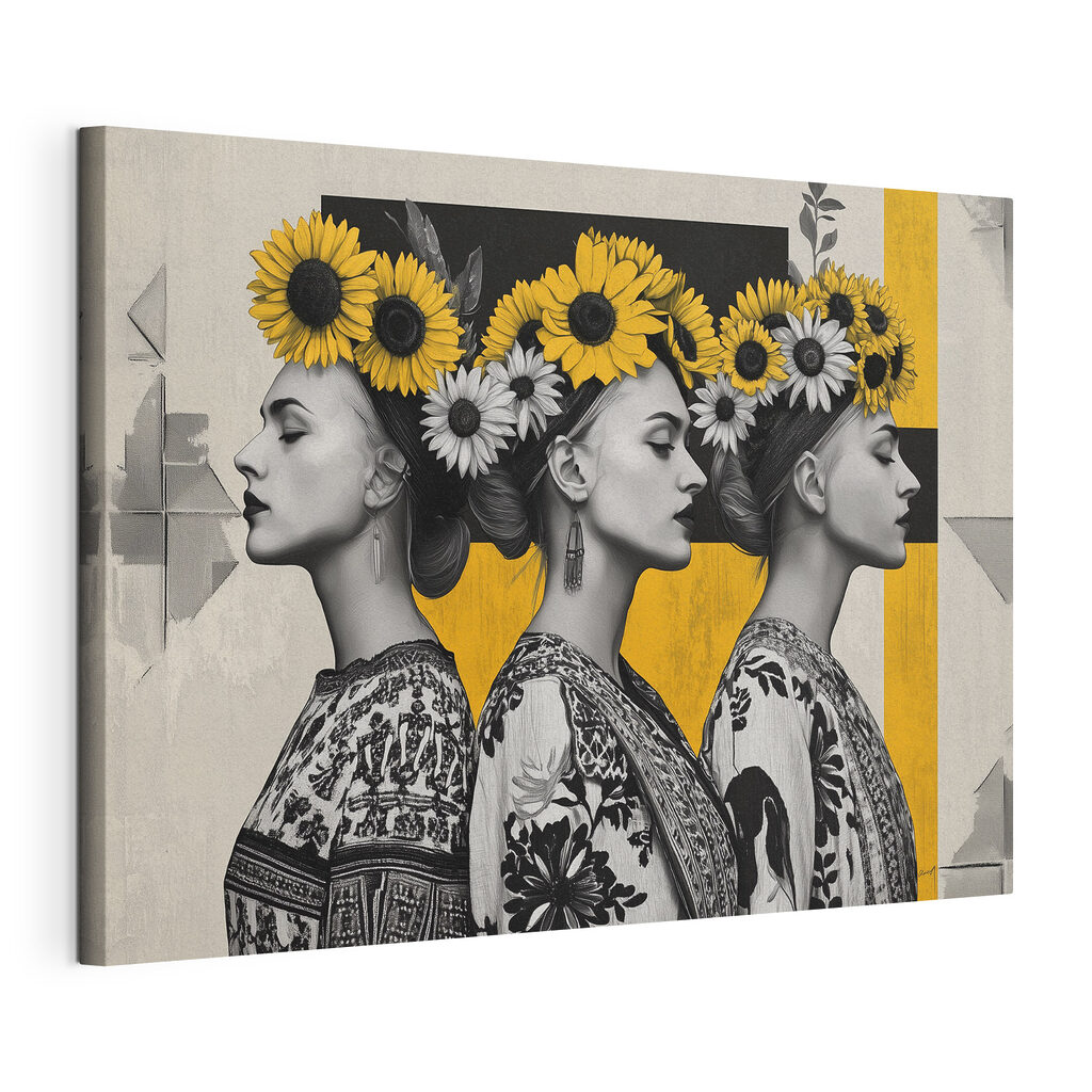 Tre profili con girasoli, tela tesa e bordo avvolto