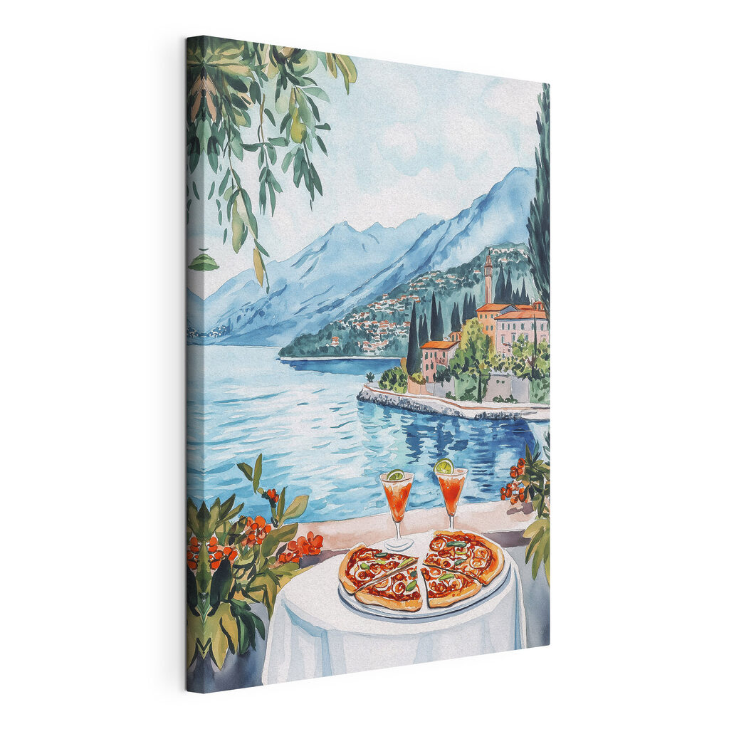 Pizza accanto al lago, tela tesa e bordo avvolto