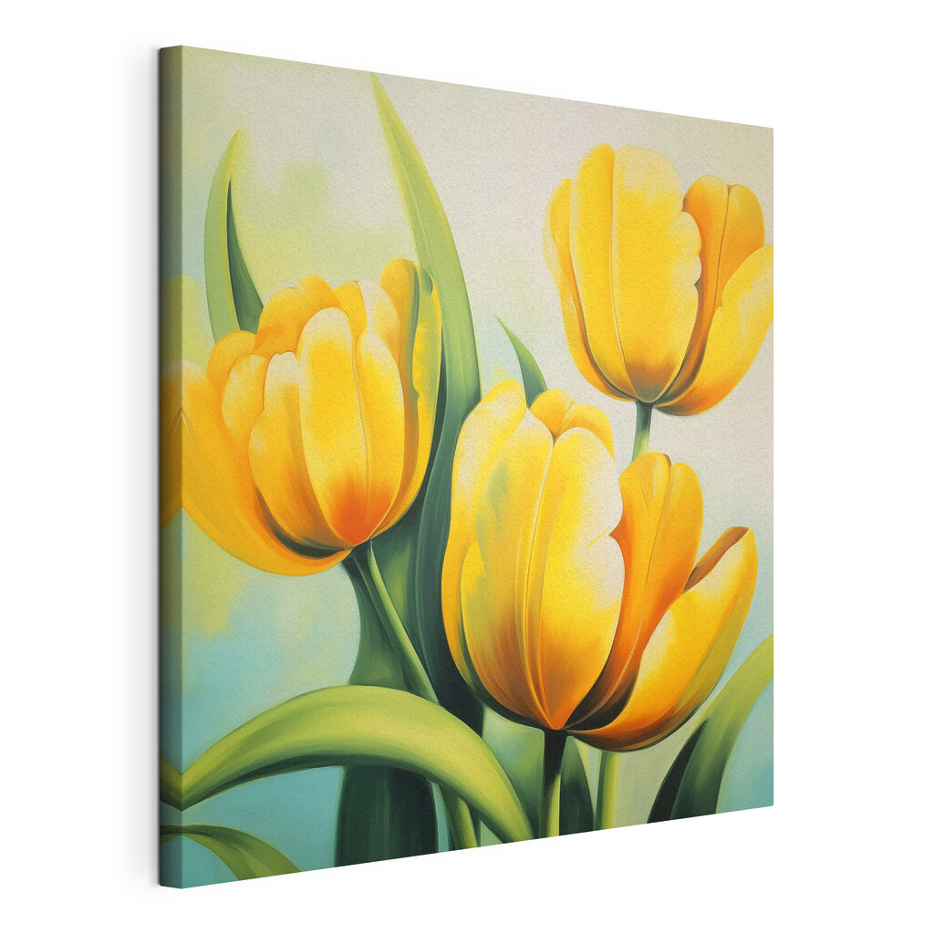Tulipani gialli al sole, tela tesa e bordo avvolto