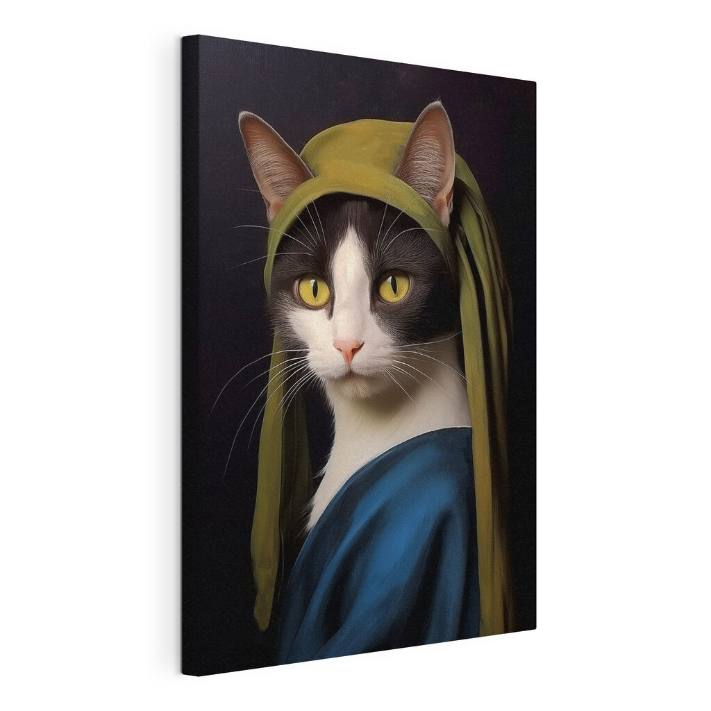 Gatto con scialle blu, tela tesa e bordo avvolto