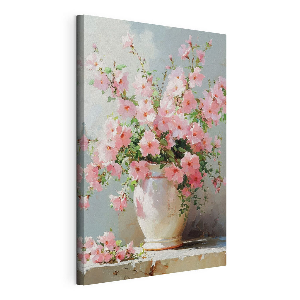 Fioritura rosa nel vaso, tela tesa e bordo avvolto