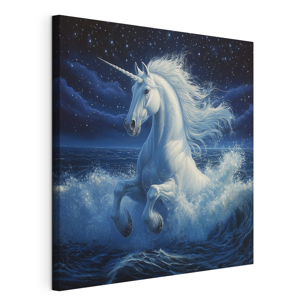 Unicorno tra le onde, tela tesa e bordo avvolto