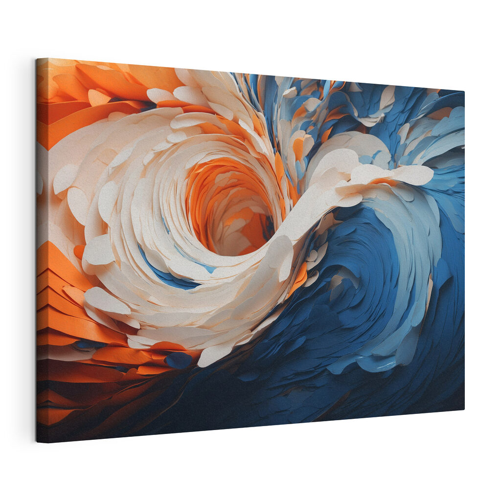 Vortice blu e arancio, tela tesa e bordo avvolto