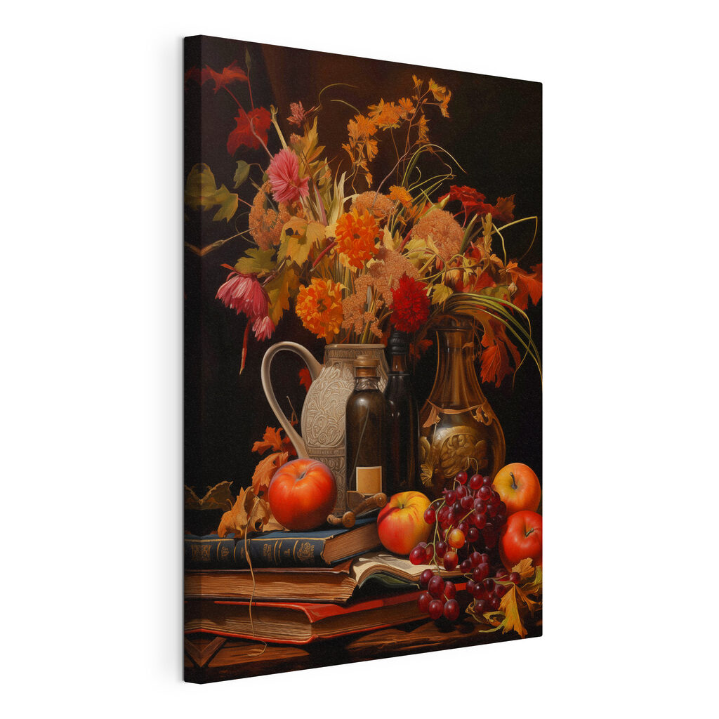 Bouquet autunnale con frutta, tela tesa e bordo avvolto