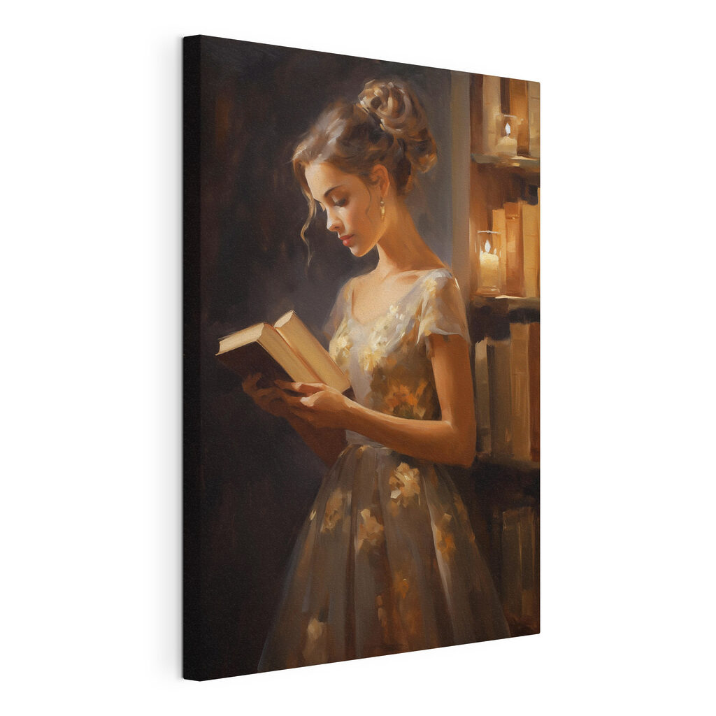 Lettura al lume, tela tesa e bordo avvolto