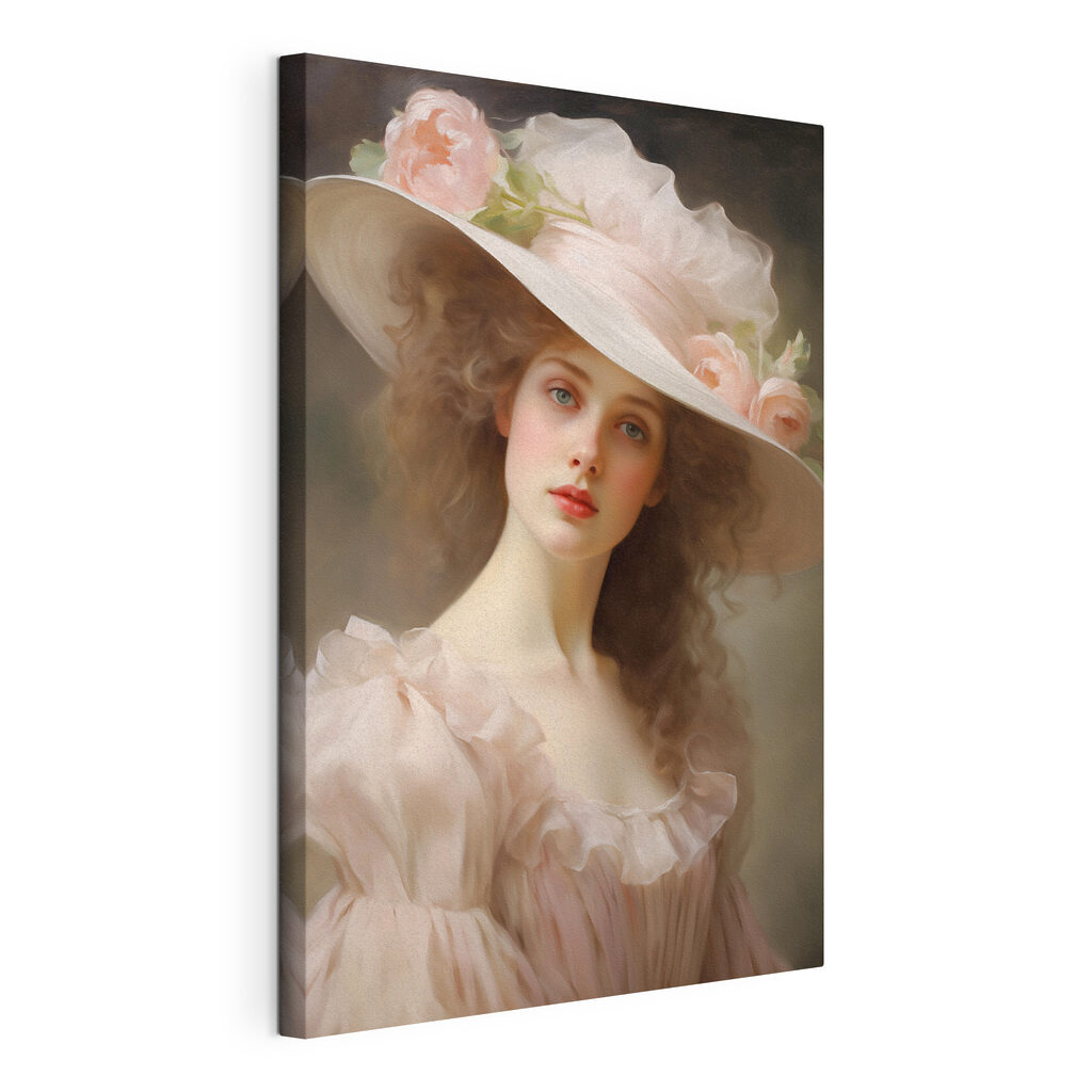 Donna con cappello rosa, tela tesa e bordo avvolto