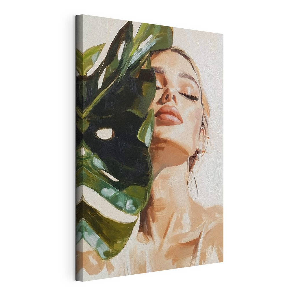 Donna con monstera, tela tesa e bordo avvolto