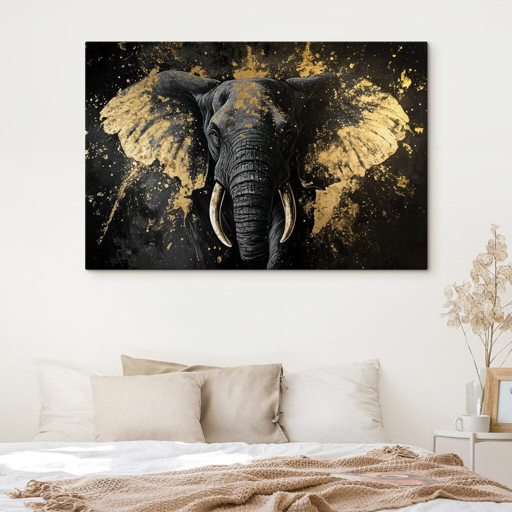 Elefante tra schizzi d’oro in un ambiente