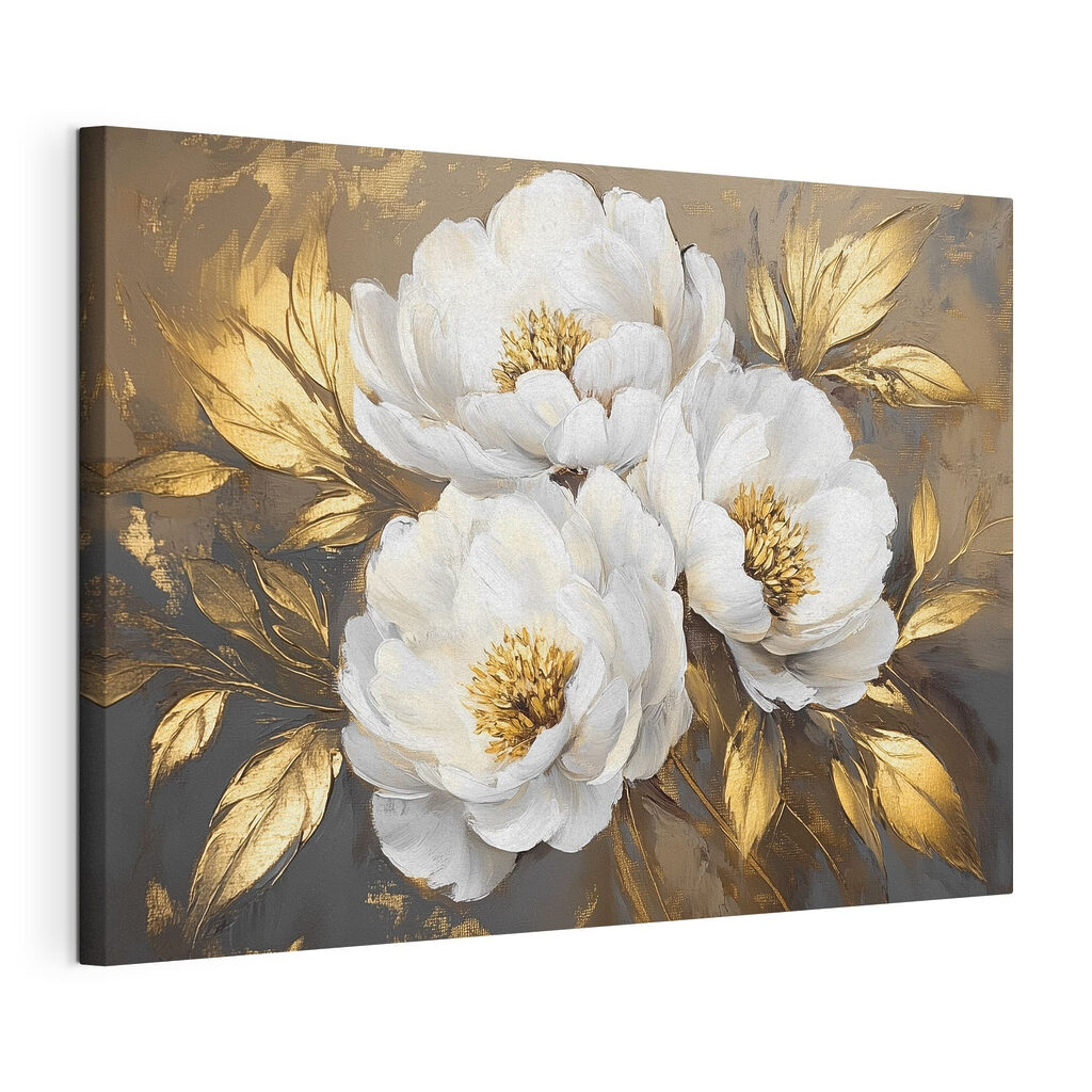 Peonie bianche e oro, tela tesa e bordo avvolto