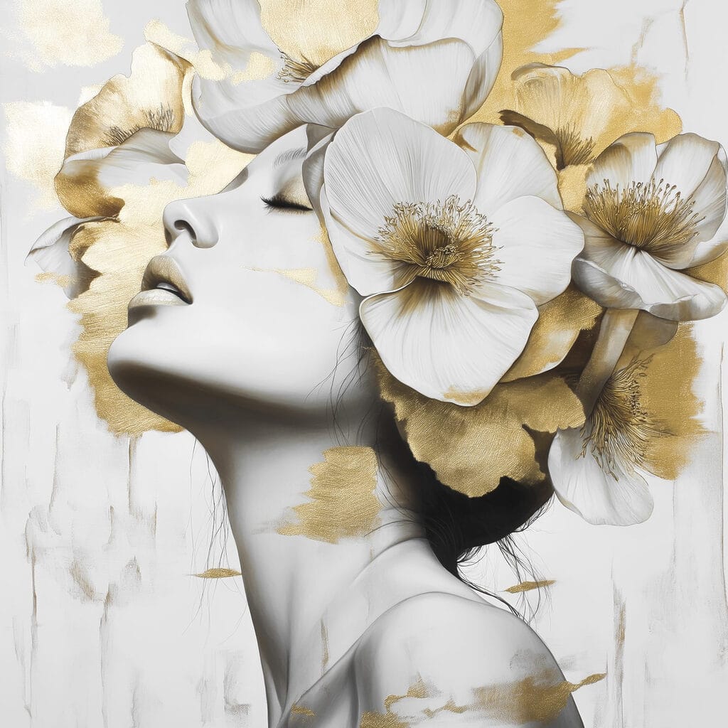Volto sotto fiori bianchi — design completo
