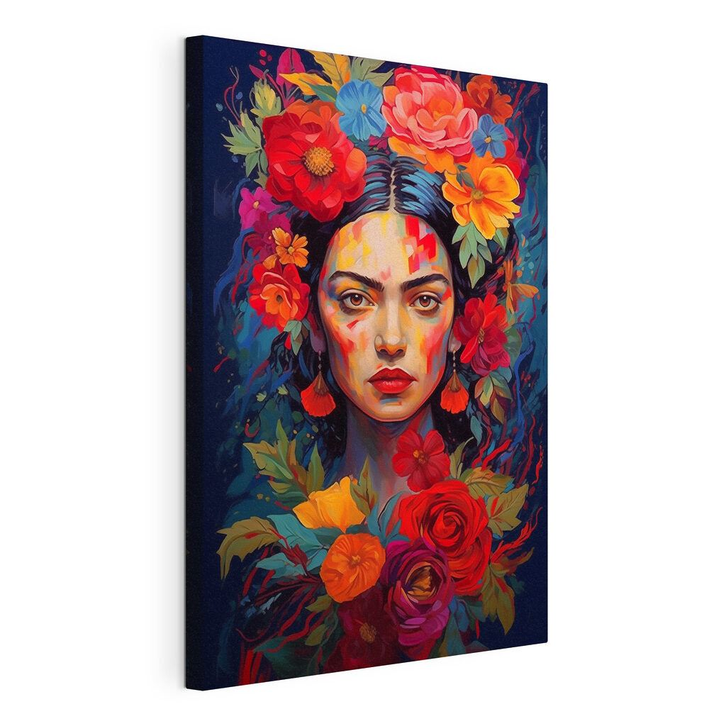 Donna tra fiori ardenti, tela tesa e bordo avvolto