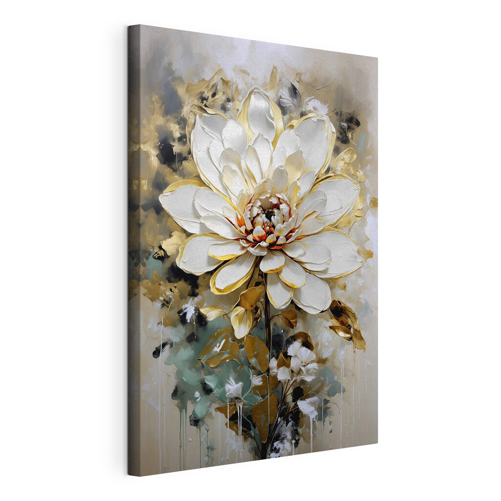 Fiore bianco, tocchi d’oro, tela tesa e bordo avvolto