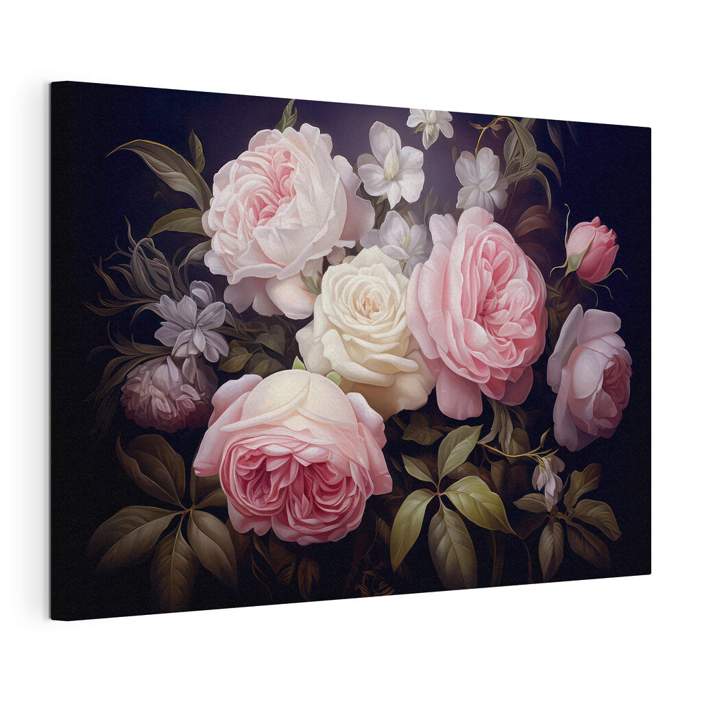 Bouquet di rose, tela tesa e bordo avvolto