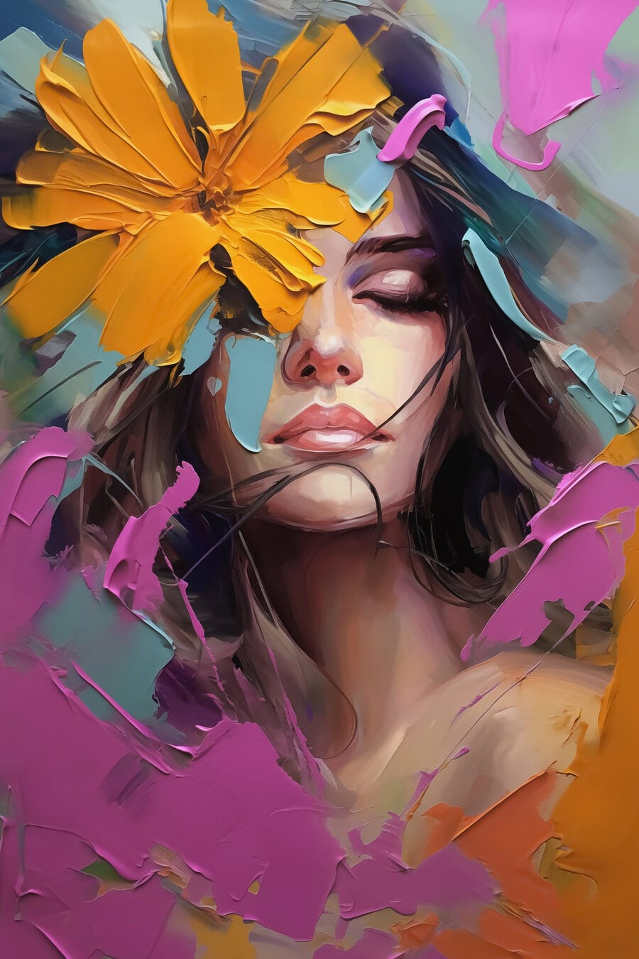 Volto tra fiori accesi — design completo