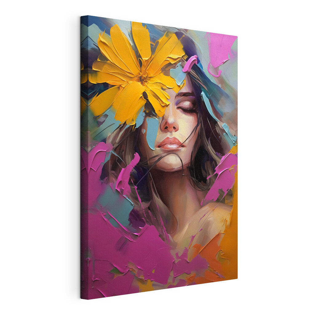 Volto tra fiori accesi, tela tesa e bordo avvolto