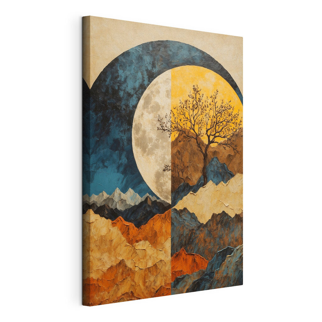 Luna e albero, tela tesa e bordo avvolto