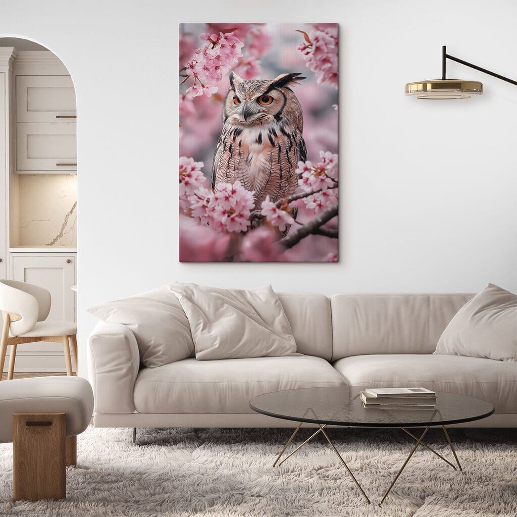 Gufo su ramo rosa — ambiente 1