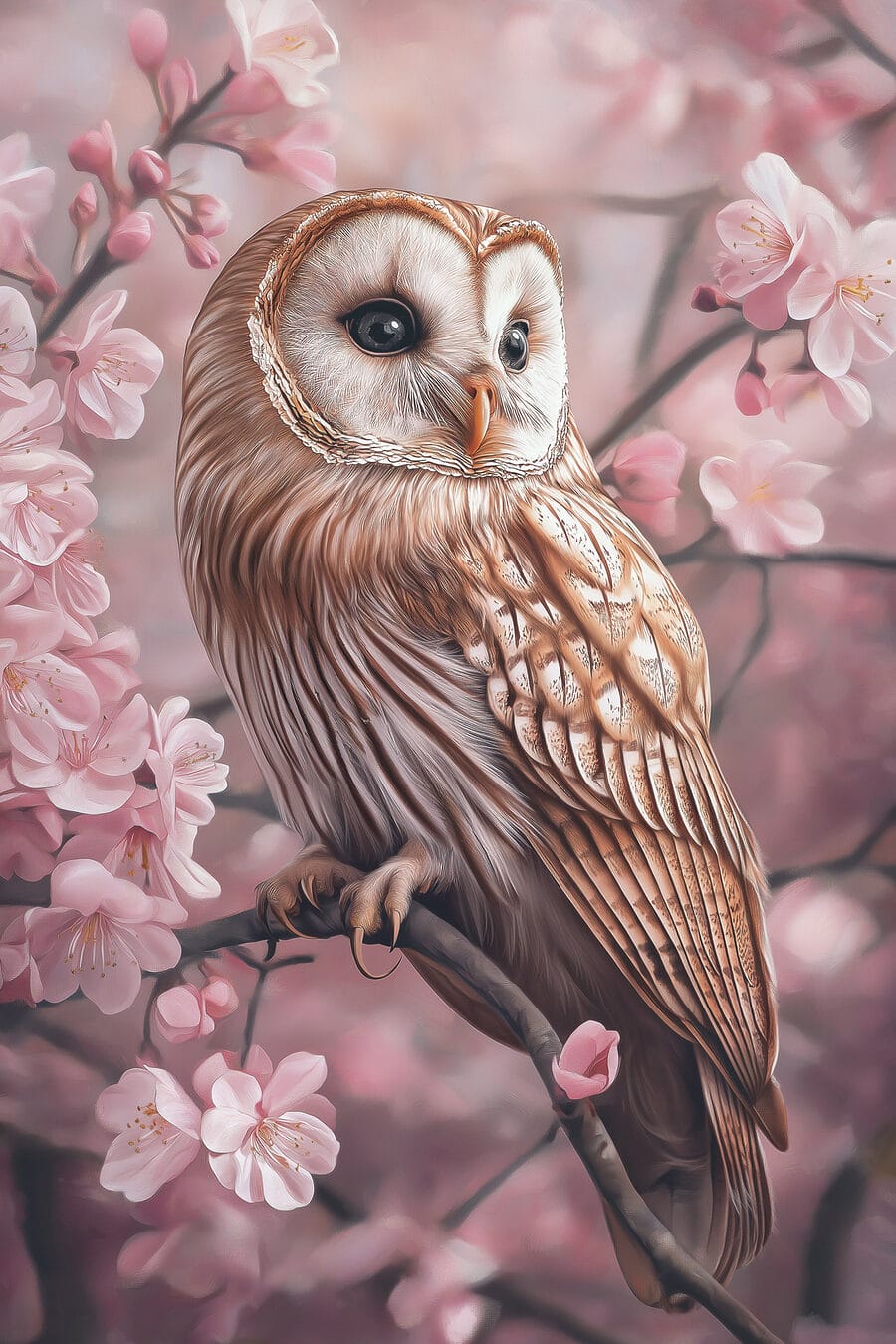 Gufo tra fiori rosa — design completo