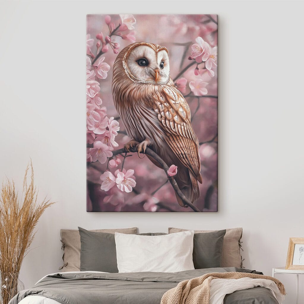 Gufo tra fiori rosa — ambiente 2