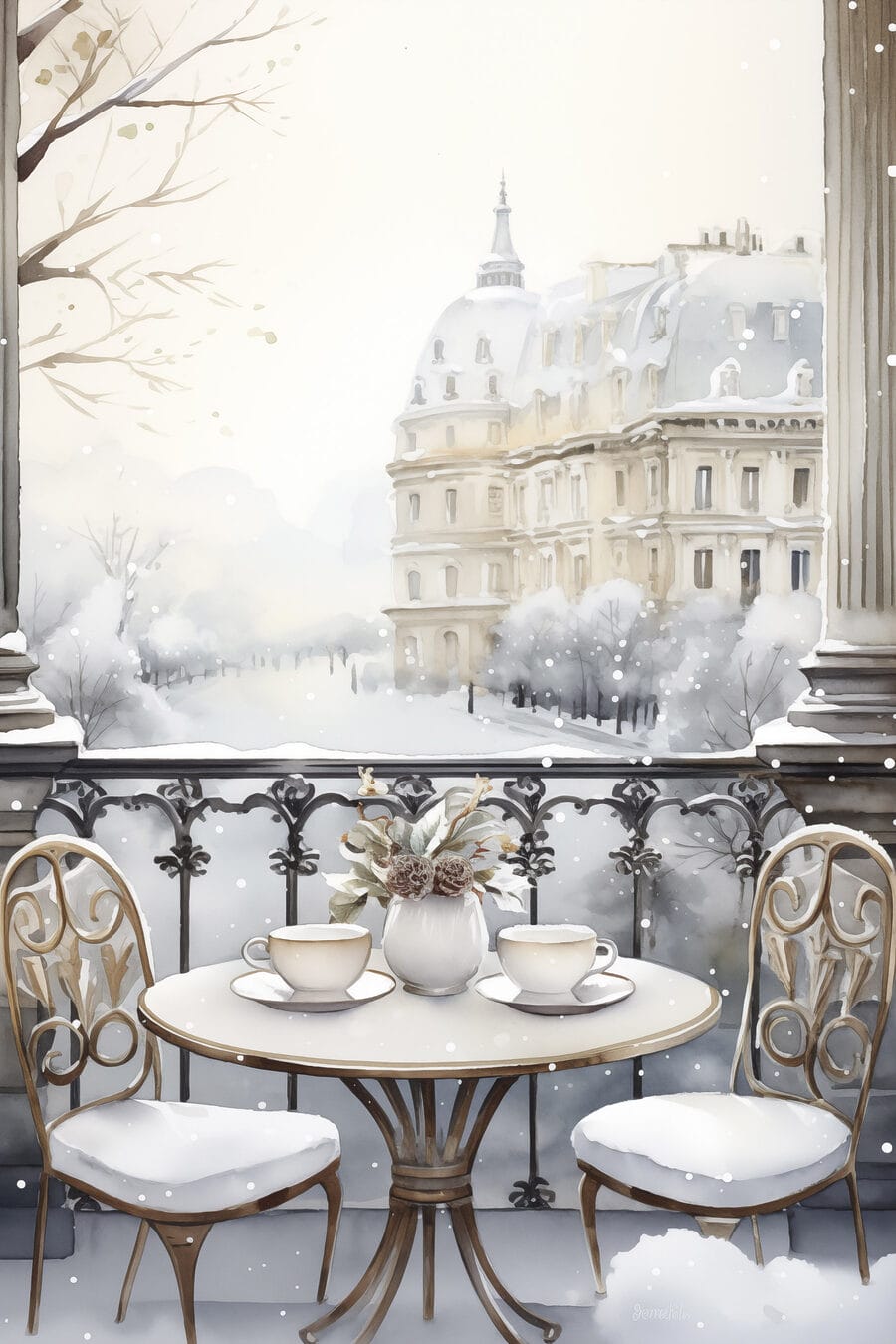 Terrazza innevata, facciate chiare — design completo