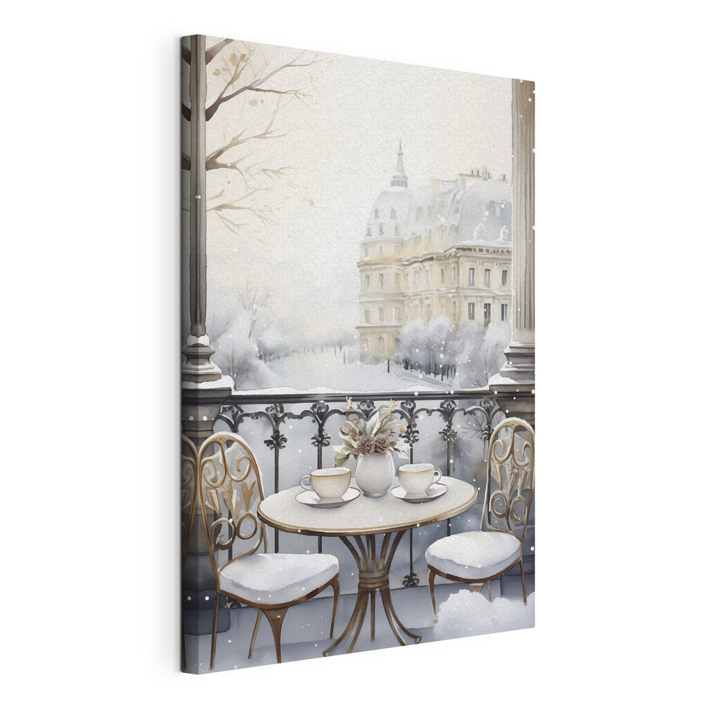 Terrazza innevata, facciate chiare, tela tesa e bordo avvolto