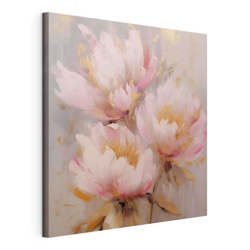Peonie rosa e oro, tela tesa e bordo avvolto