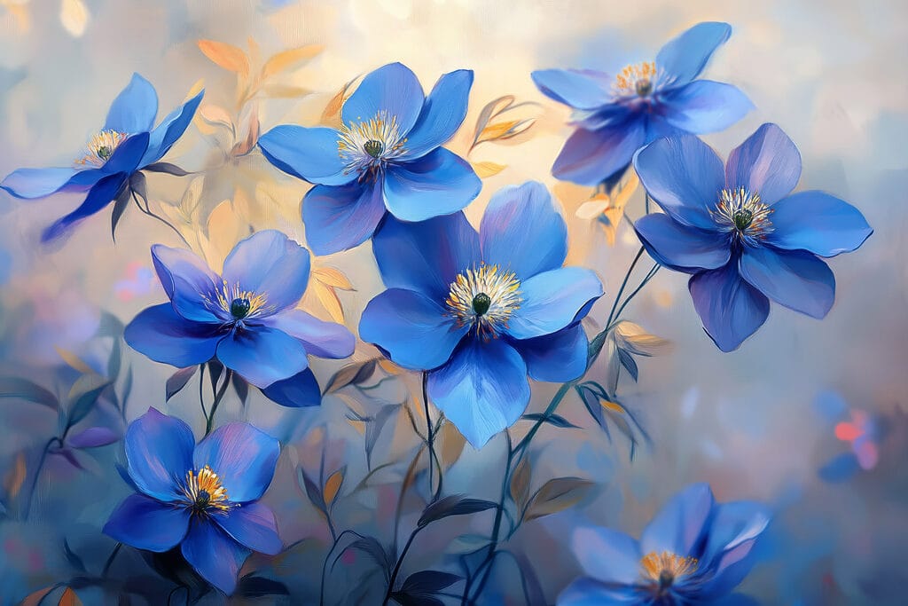 Fiori blu, foglie dorate — design completo