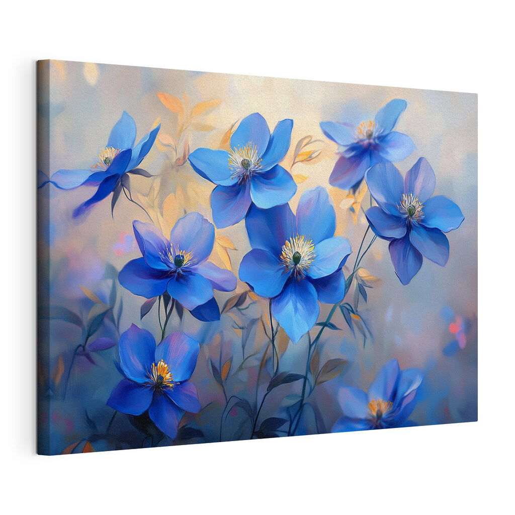 Fiori blu, foglie dorate, tela tesa e bordo avvolto