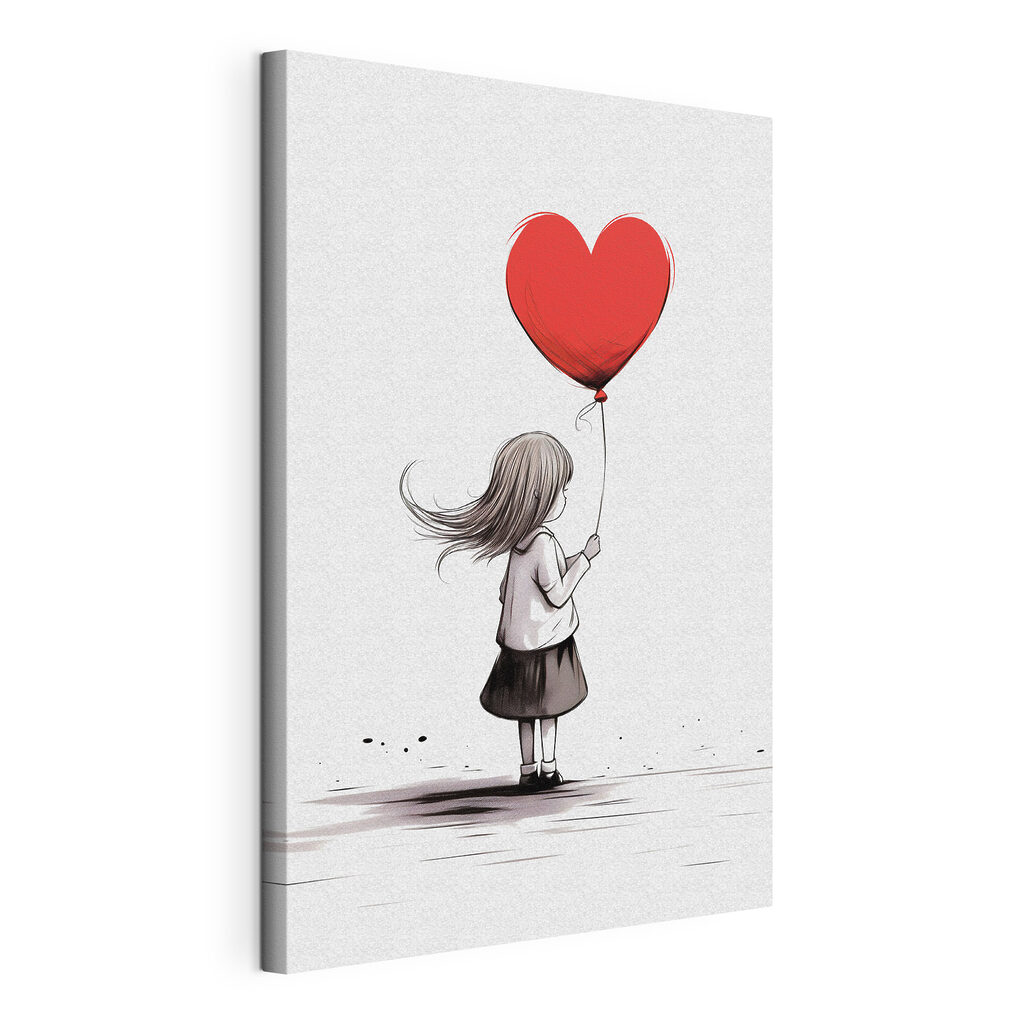 Bambina con palloncino rosso, tela tesa e bordo avvolto