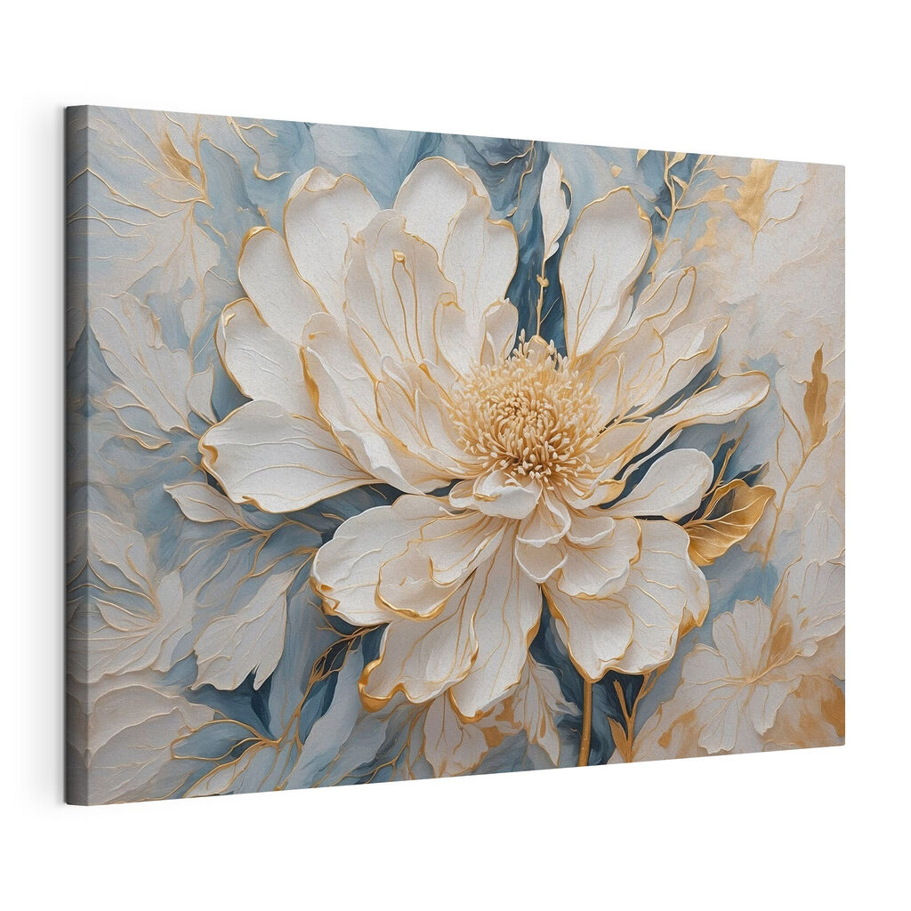 Fiore bianco, linee d’oro, tela tesa e bordo avvolto