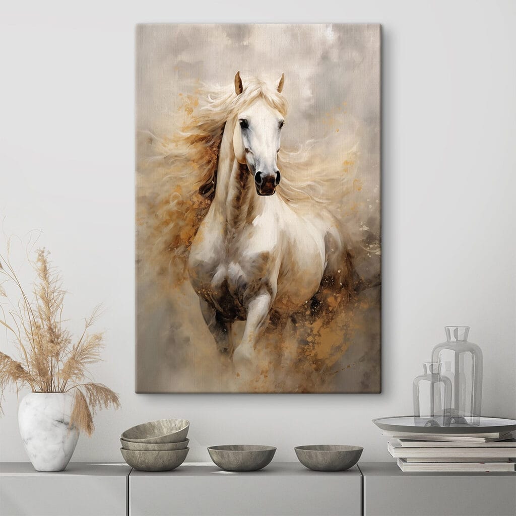 Cavallo bianco nella polvere in un ambiente